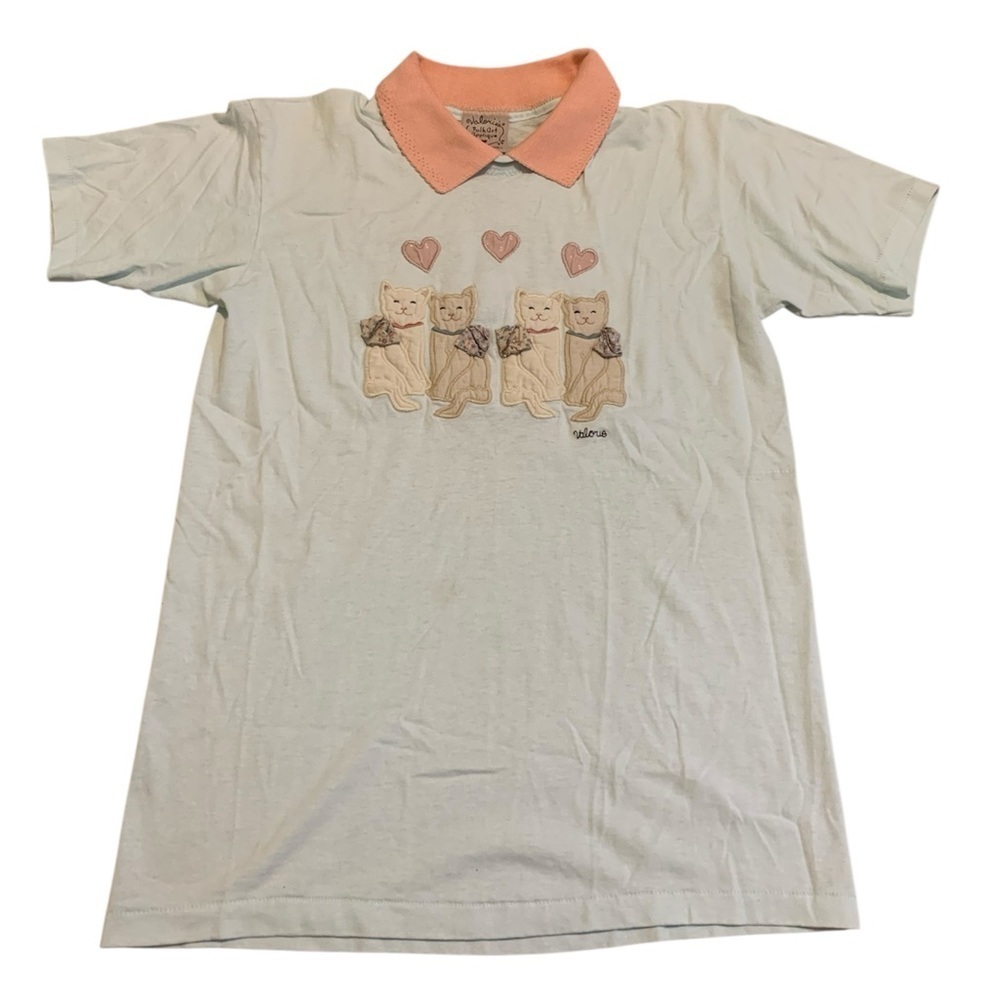 Vtg 80s Valorie's Folk Art Applique Cat Collared T-Shirt M Cottagecore Hanes
